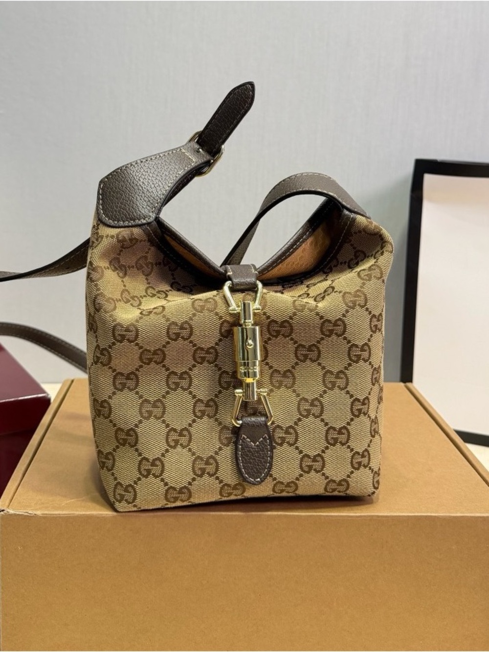 Designer Monogram Brown Canvas Shoulder Bag with Gold Hardware